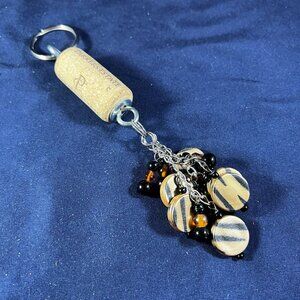 Handmade Keychain With Recycled Cork Tiger Stripe Beads & Black/Amber Accents